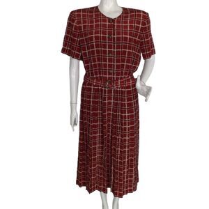 LESLIE FAY Midi Dress, XL, Dark Red Plaid, Short sleeve, Matching Belt, SS